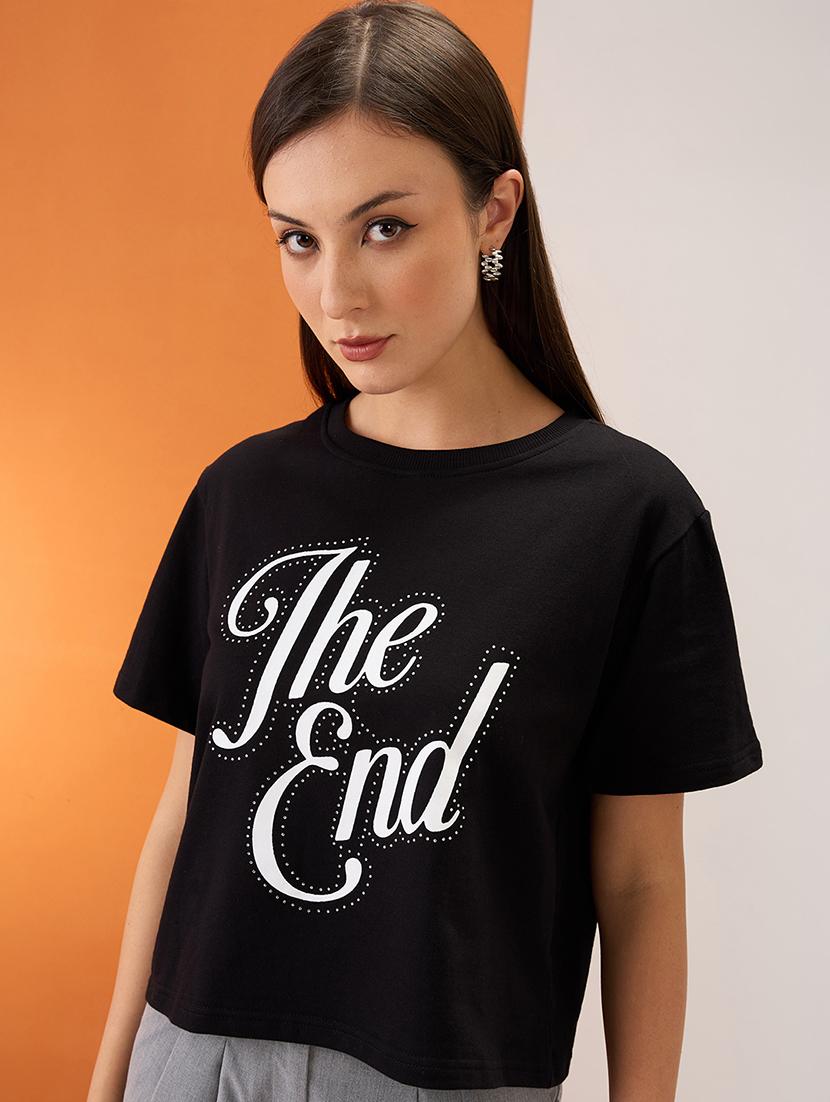 women black typography print embellished detail round neck short sleeves boxy fit crop t-shirt - 21980190 - Standard Image - 1