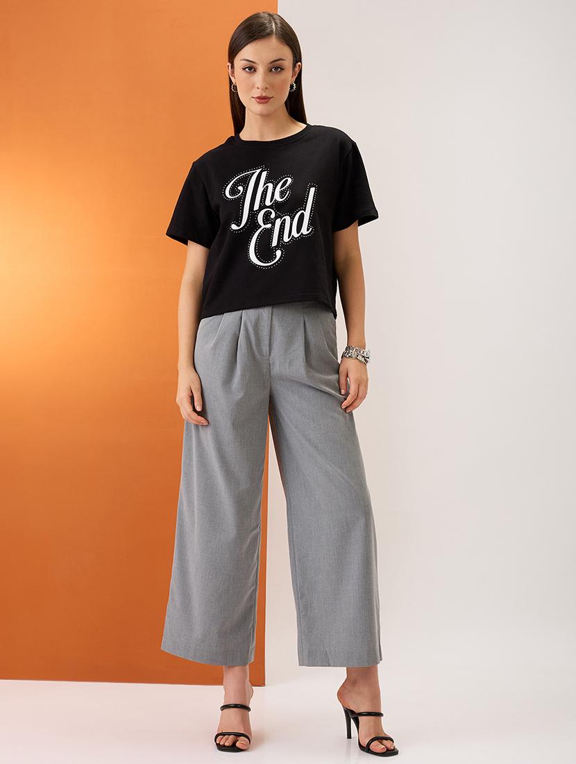women black typography print embellished detail round neck short sleeves boxy fit crop t-shirt - 21980190 - Standard Image - 4