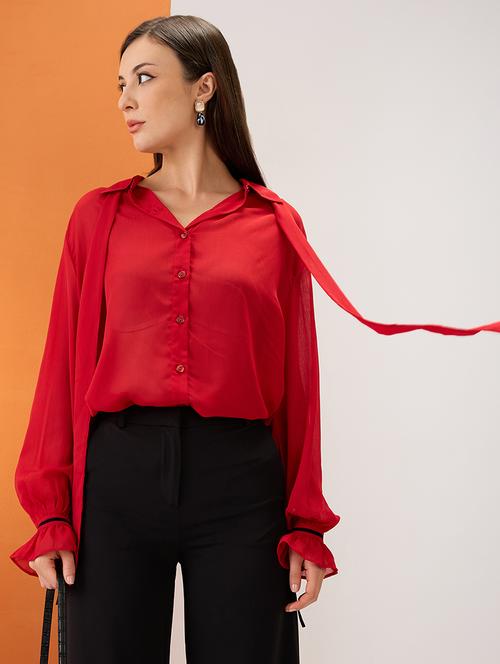 women red collared neck tie detail bishop sleeves chiffon party shirt - 21980192 -  Standard Image - 0