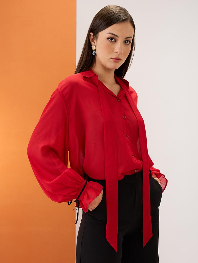 women red collared neck tie detail bishop sleeves chiffon party shirt - 21980192 -  Standard Image - 1