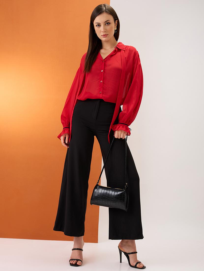 women red collared neck tie detail bishop sleeves chiffon party shirt - 21980192 - Standard Image - 4