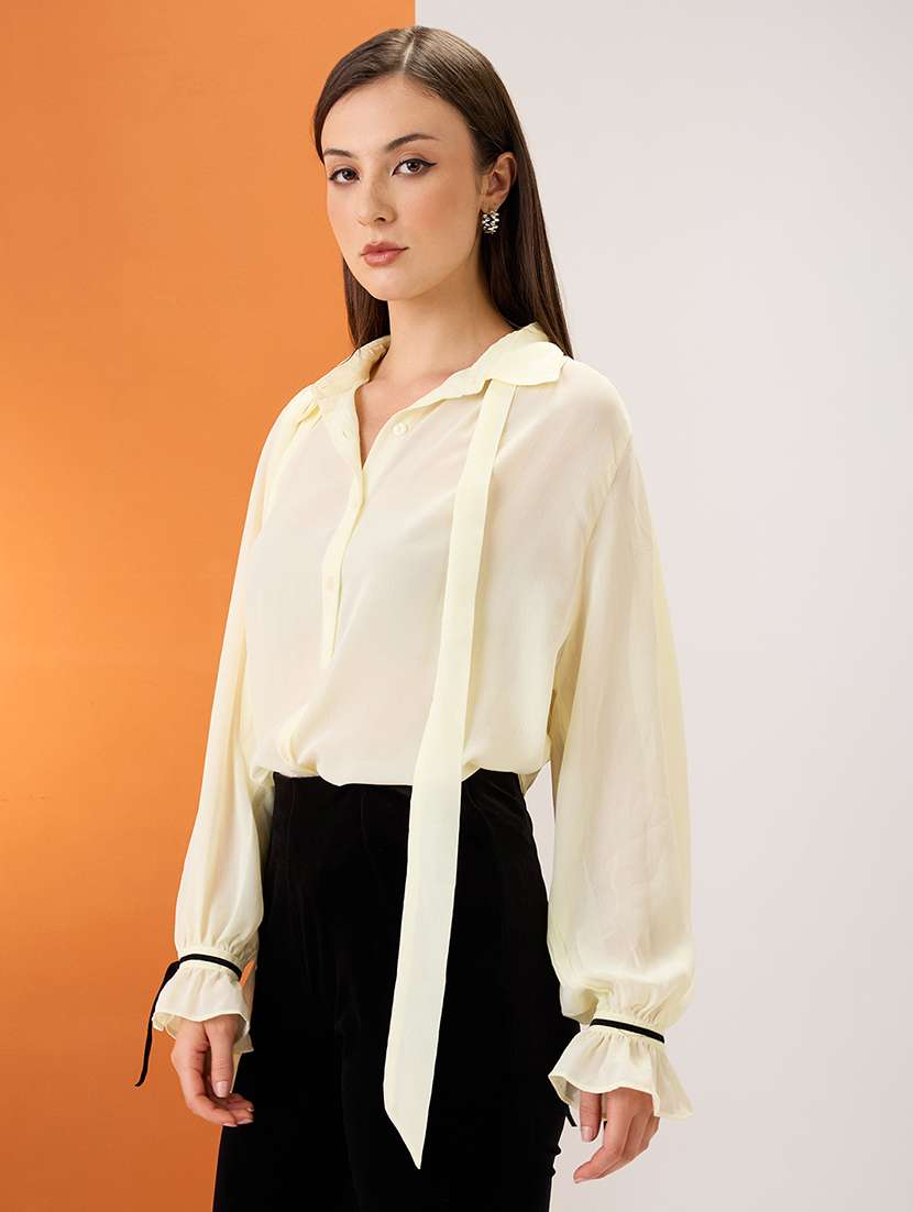 women yellow collared neck tie detail bishop sleeves chiffon party shirt - 21980193 -  Standard Image - 1