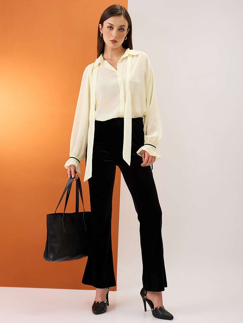women yellow collared neck tie detail bishop sleeves chiffon party shirt - 21980193 - Standard Image - 4