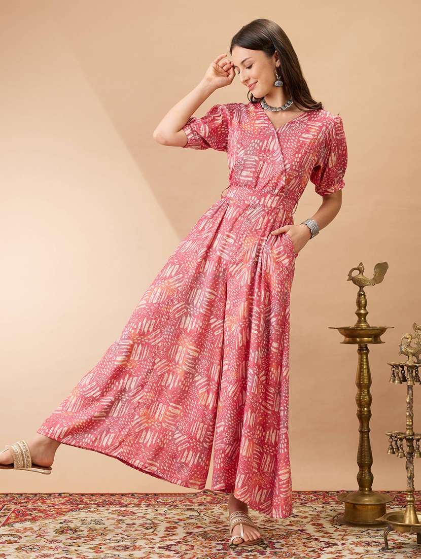women pink wrap v-neck puff sleeves abstract print flared wide leg fusion jumpsuit with belt