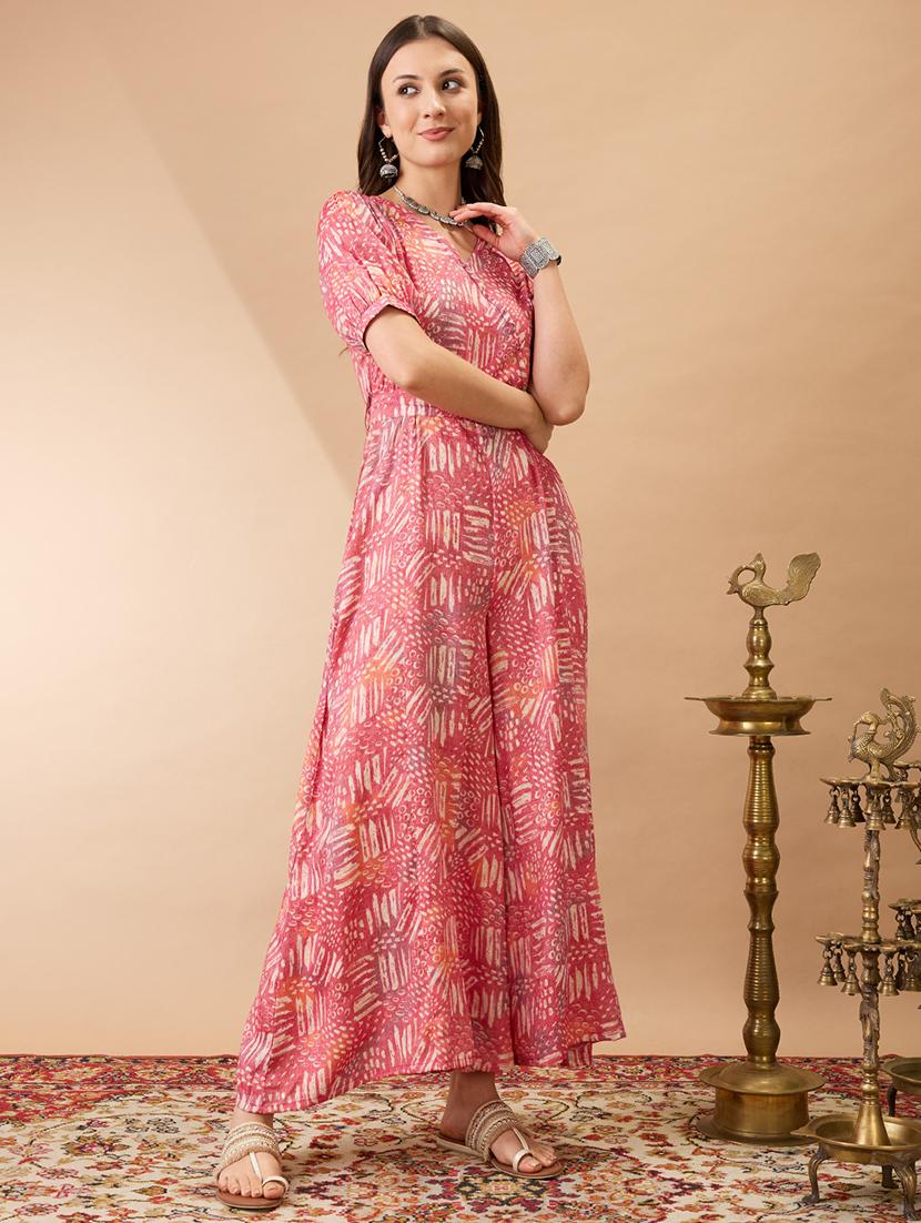 women pink wrap v-neck puff sleeves abstract print flared wide leg fusion jumpsuit with belt - 21980196 - Standard Image - 1