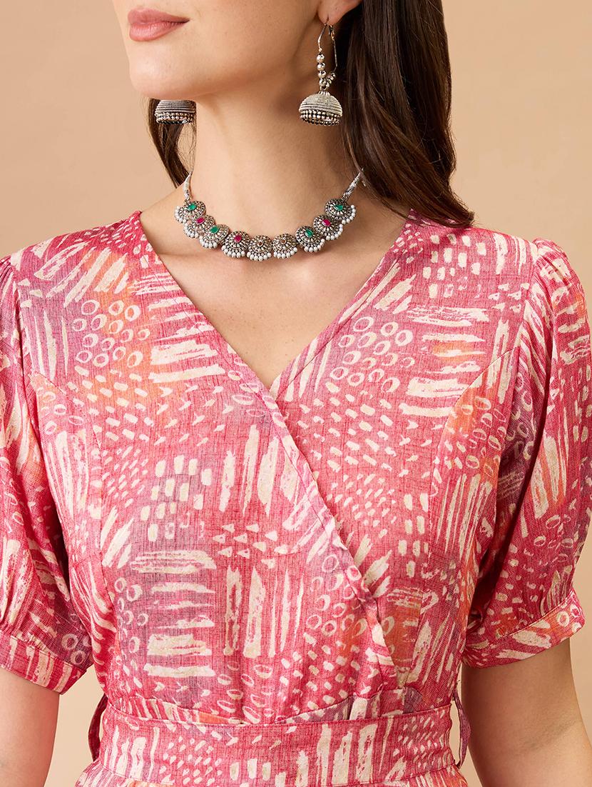women pink wrap v-neck puff sleeves abstract print flared wide leg fusion jumpsuit with belt - 21980196 - Standard Image - 4