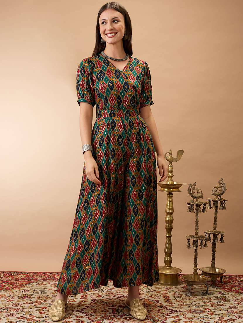 women multi color wrap v-neck puff sleeves ethnic motifs print flared wide leg fusion jumpsuit with belt - 21980197 -  Standard Image - 1