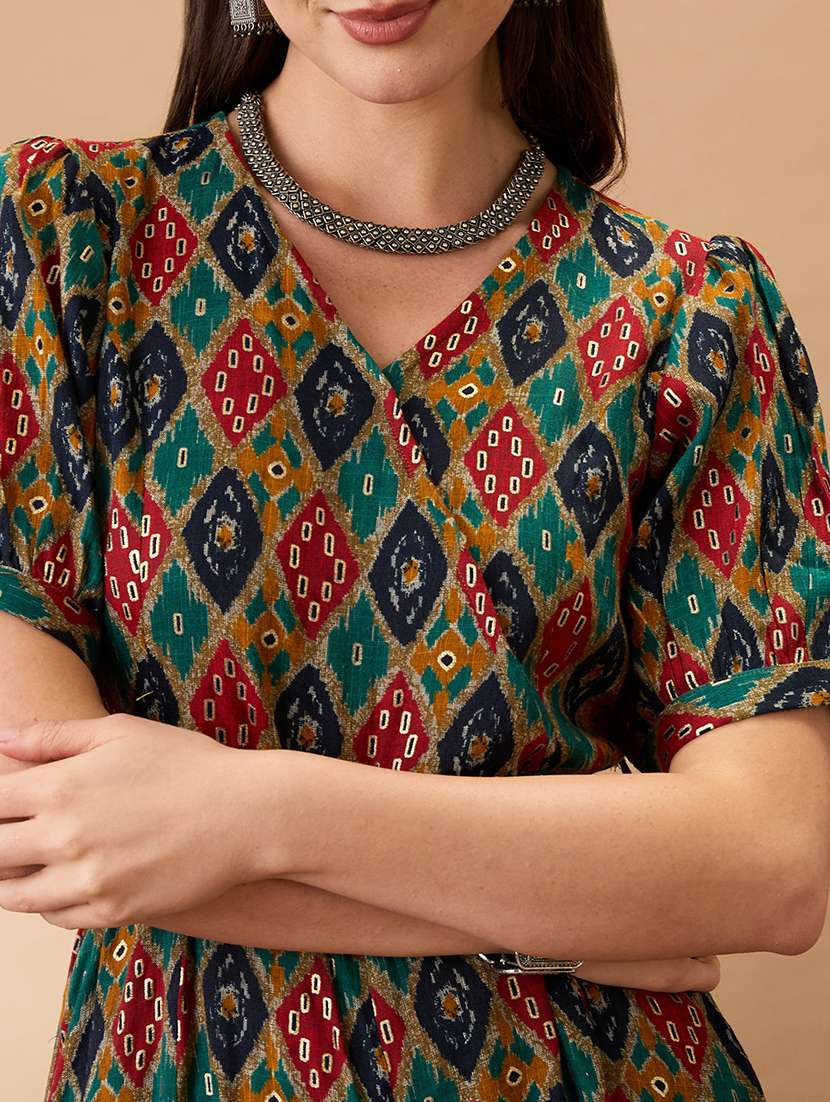 women multi color wrap v-neck puff sleeves ethnic motifs print flared wide leg fusion jumpsuit with belt - 21980197 -  Standard Image - 4