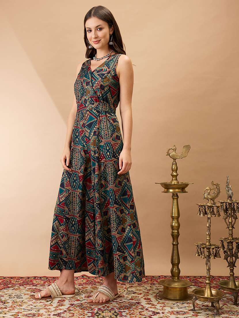 women navy blue wrap v-neck sleeveless tribal print flared wide leg fusion jumpsuit with belt - 21980198 -  Standard Image - 1