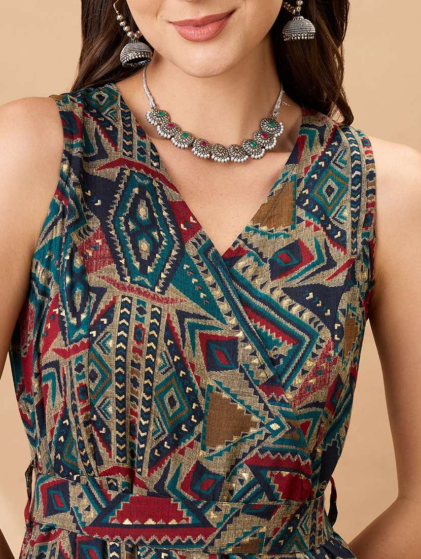 women navy blue wrap v-neck sleeveless tribal print flared wide leg fusion jumpsuit with belt - 21980198 -  Standard Image - 4