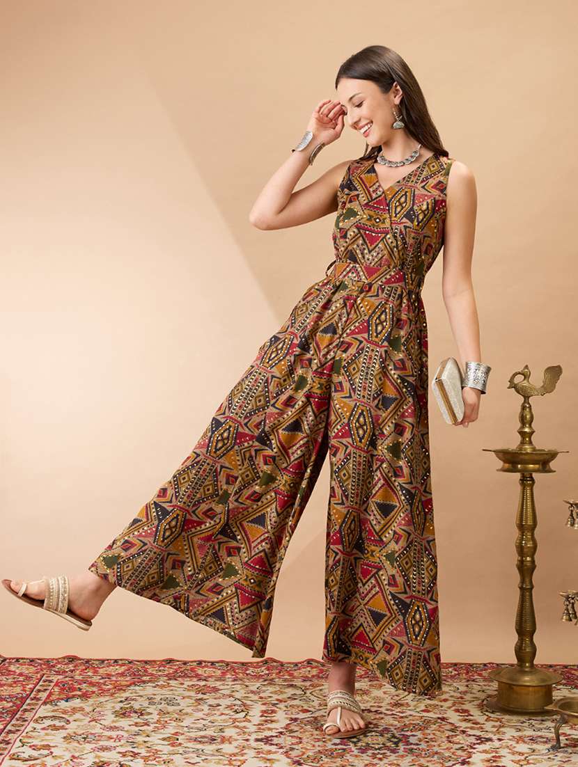 women mustard wrap v-neck sleeveless tribal print flared wide leg fusion jumpsuit with belt