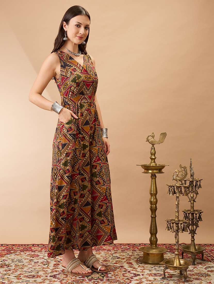 women mustard wrap v-neck sleeveless tribal print flared wide leg fusion jumpsuit with belt - 21980199 -  Standard Image - 1