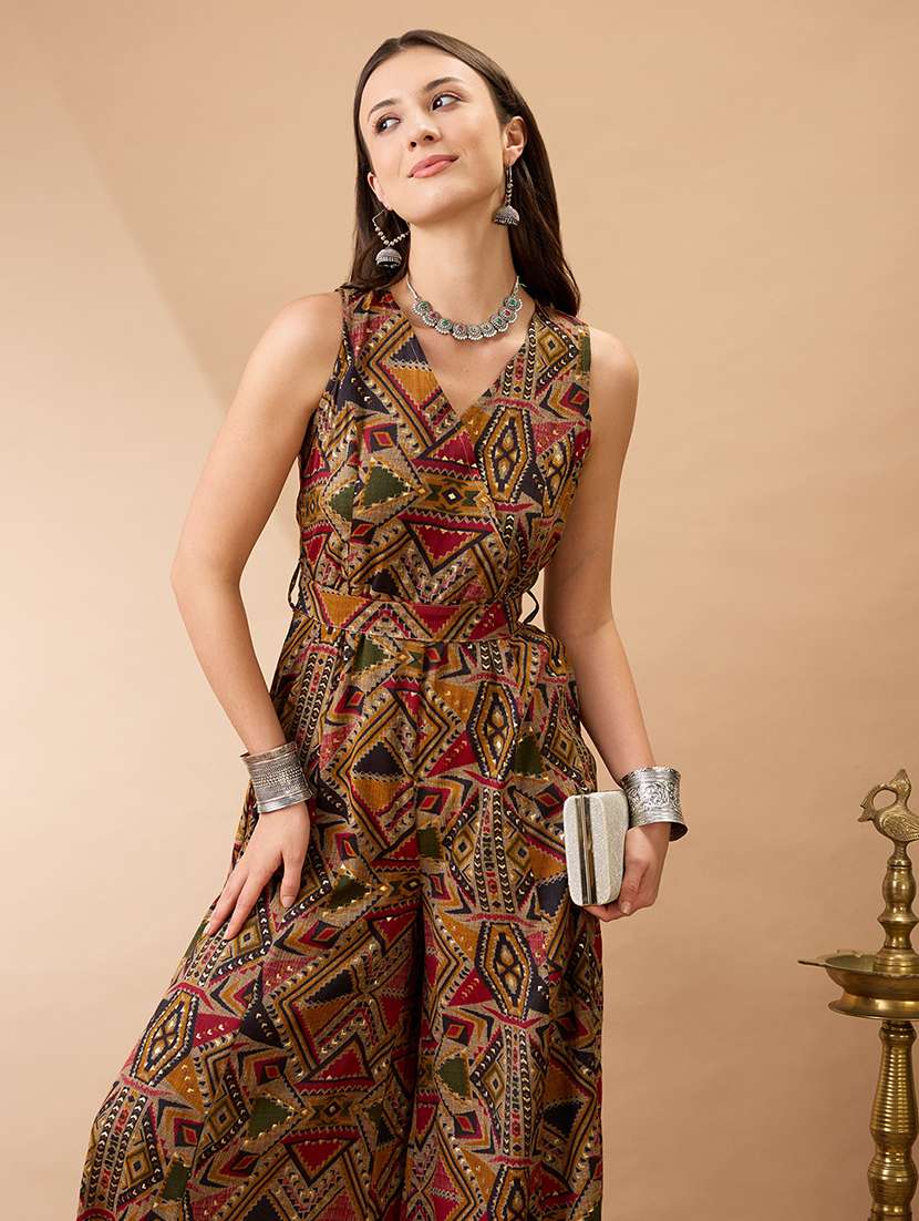 women mustard wrap v-neck sleeveless tribal print flared wide leg fusion jumpsuit with belt - 21980199 -  Standard Image - 4