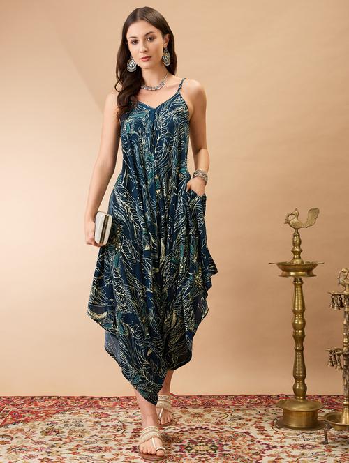 women teal floral print v-neck shoulder strap dhoti style fusion jumpsuit - 21980200 - Standard Image - 0