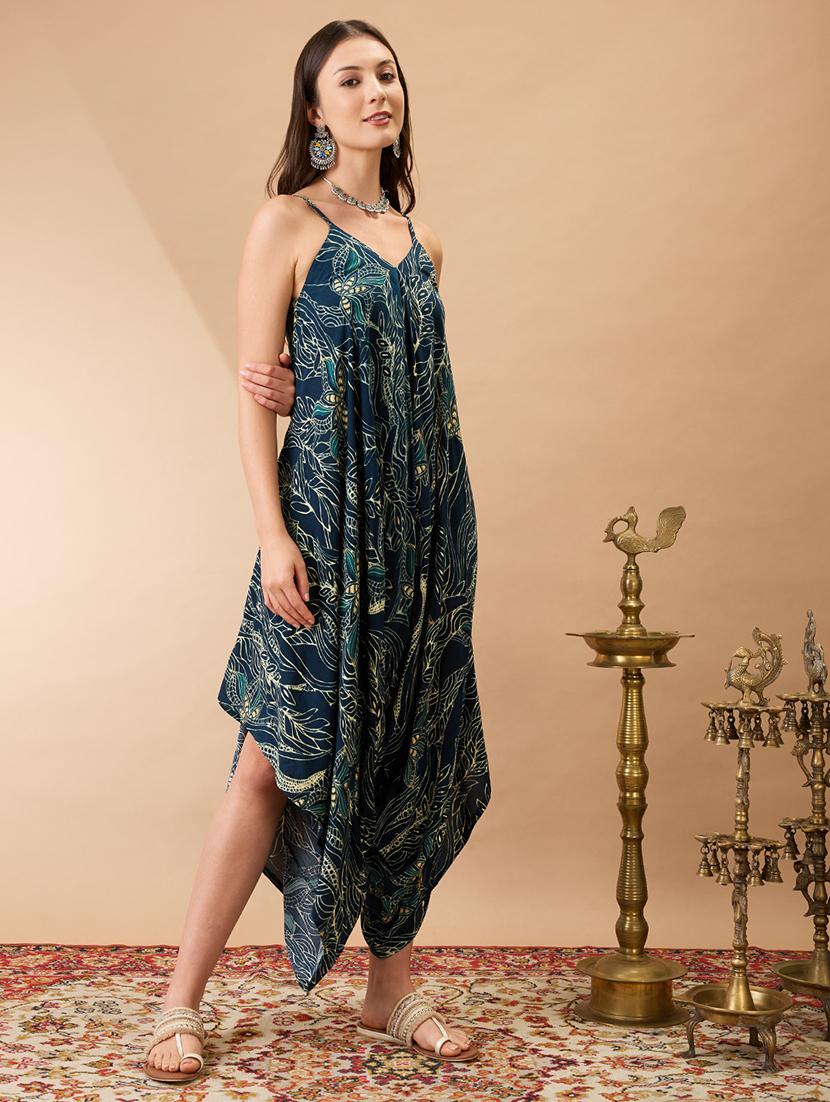women teal floral print v-neck shoulder strap dhoti style fusion jumpsuit - 21980200 - Standard Image - 1