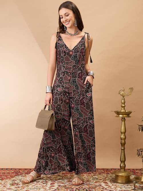 women black v-neck tie up sleeves ethnic print wide leg fusion jumpsuit - 21980202 - Standard Image - 0