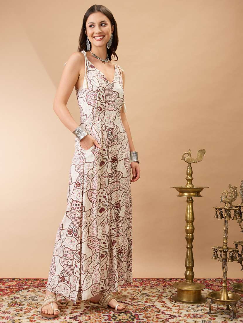 women printed shoulderwomen off white v-neck tie up sleeves ethnic print wide leg fusion jumpsuitstrap full length jumpsuit - 21980203 -  Standard Image - 1