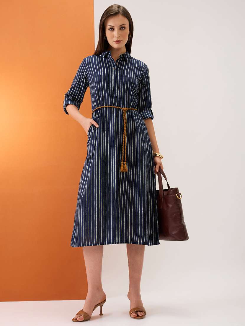 women indigo collared neck roll-up sleeves drawstring waist tie-up stripes midi a-line workwear dress