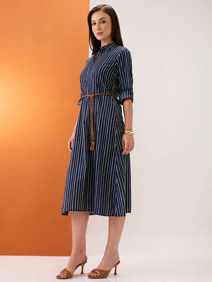 women indigo collared neck roll-up sleeves drawstring waist tie-up stripes midi a-line workwear dress - 21980209 -  Standard Image - 1