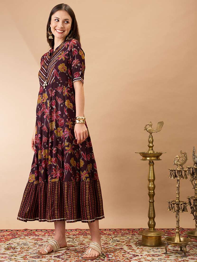 women wine floral print mandarin collar gota lace yoke flared hem a-line maxi dress - 21980210 -  Standard Image - 1