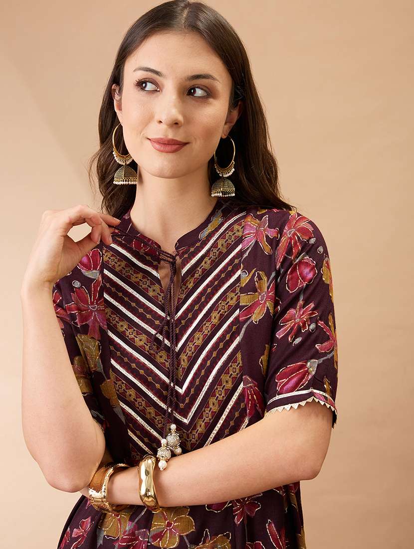 women wine floral print mandarin collar gota lace yoke flared hem a-line maxi dress - 21980210 -  Standard Image - 4