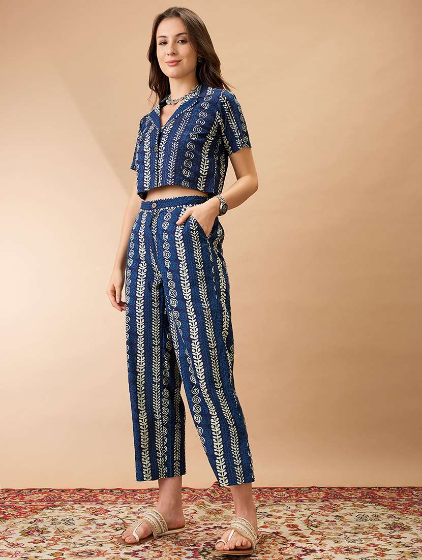 women indigo ethnic print notch lapel crop shirt with straight pant co-ords set - 21980213 -  Standard Image - 1