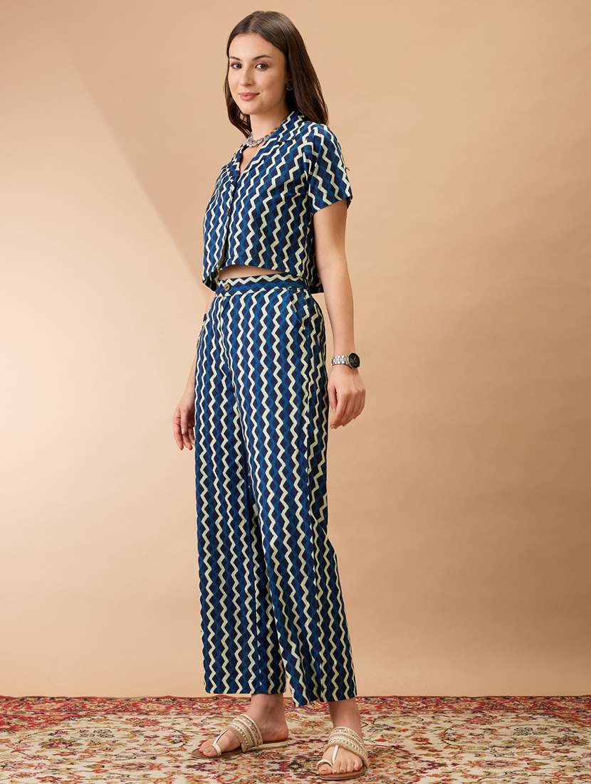 women indigo chevron print notch lapel crop shirt with straight pant co-ords set - 21980214 -  Standard Image - 1