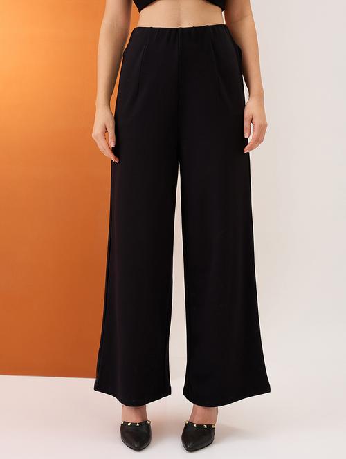 women black solid mid-rise relaxed fit formal wide leg trousers - 21980222 -  Standard Image - 0