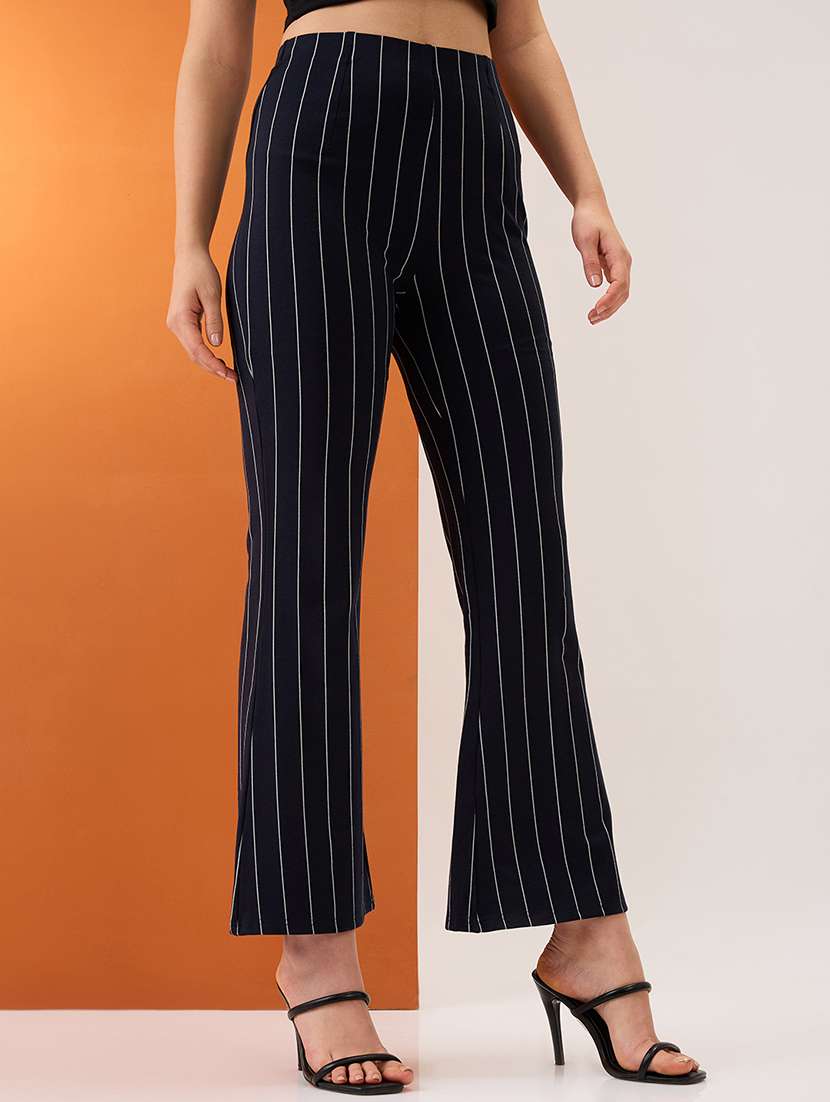 women navy striped mid-rise stretchable bootcut trousers - 21980223 -  Standard Image - 1