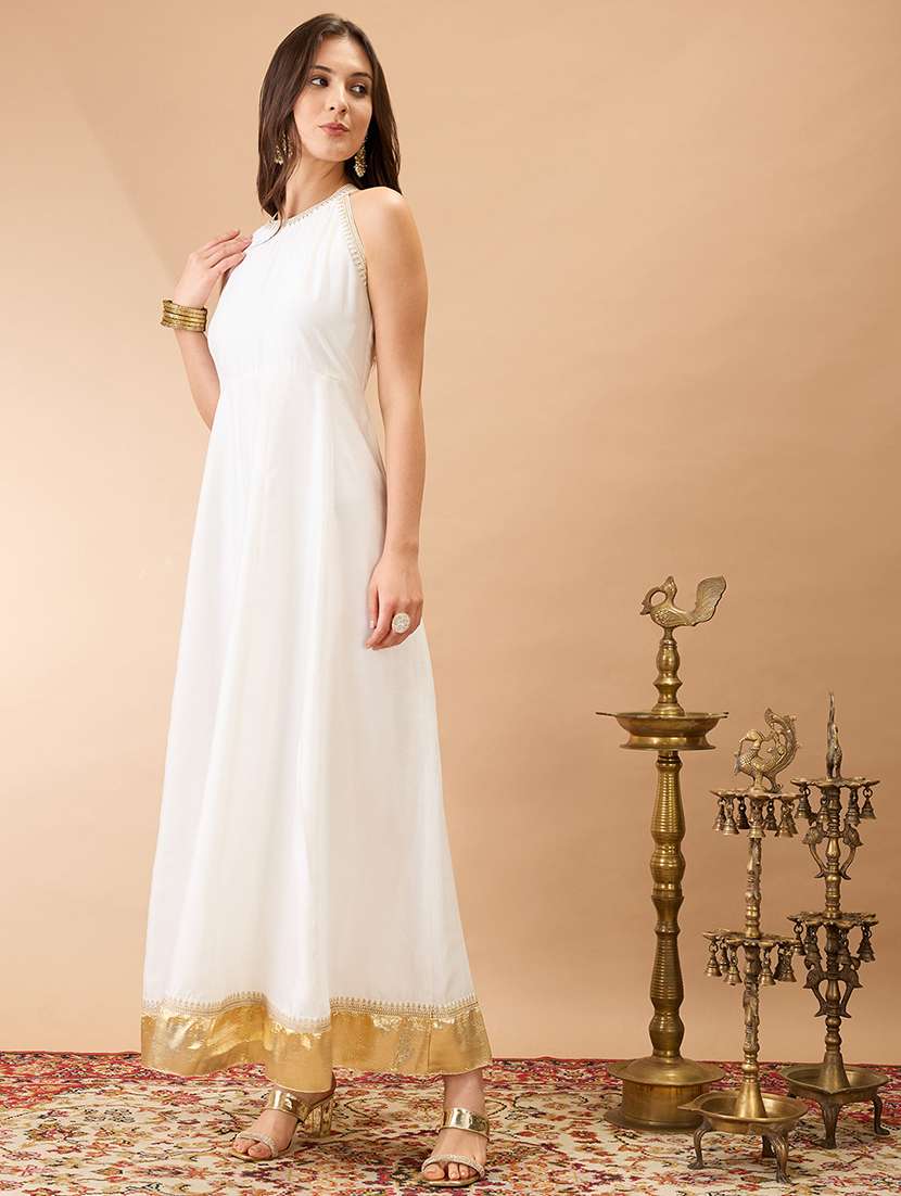women off-white sequin embroidery halter neck gotta lace flared hem a-line maxi festive dress - 21980224 -  Standard Image - 1