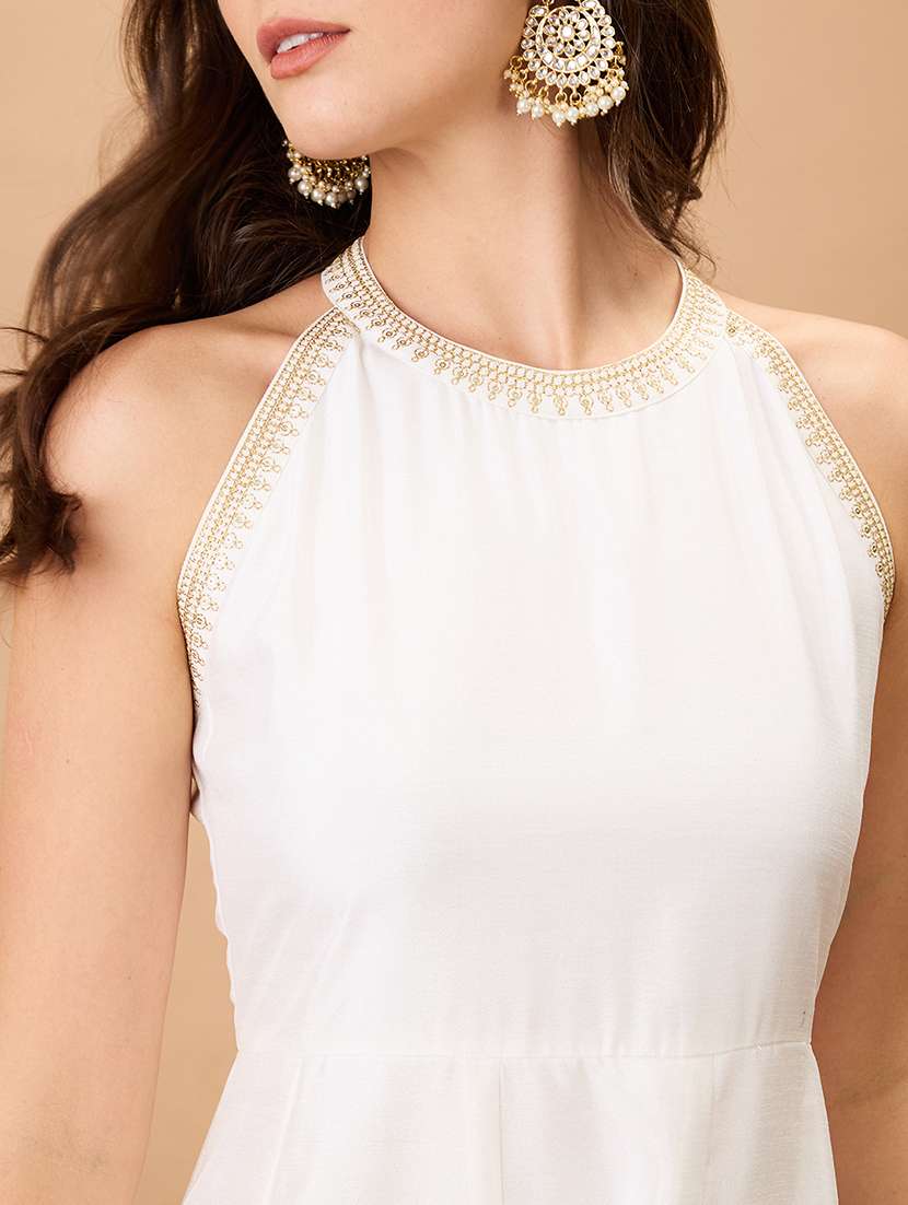 women off-white sequin embroidery halter neck gotta lace flared hem a-line maxi festive dress - 21980224 -  Standard Image - 4