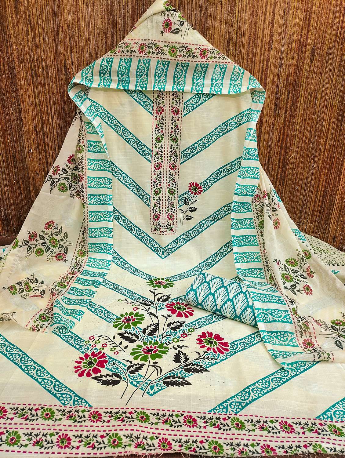 women printed embellished unstitched suit set