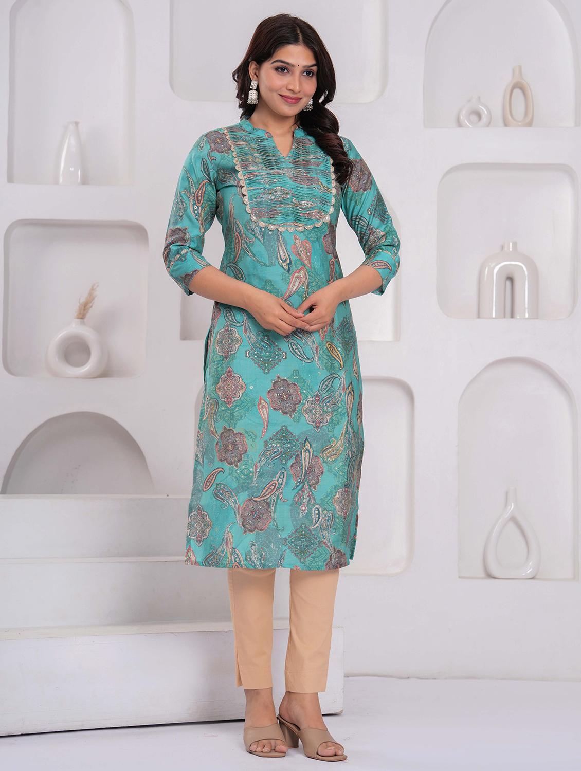 women printed three quarter sleeve straight kurta - 21980276 - Standard Image - 1