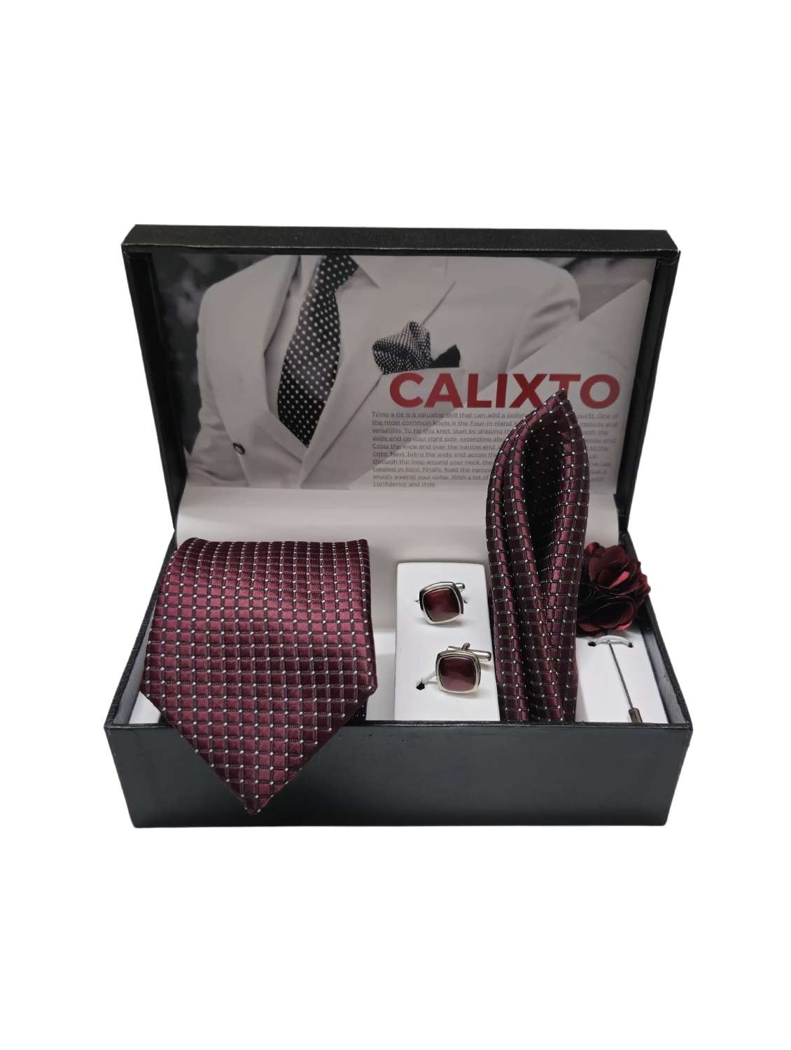 maroon tie cufflinks pocket square set - 21980294 - Standard Image - 1