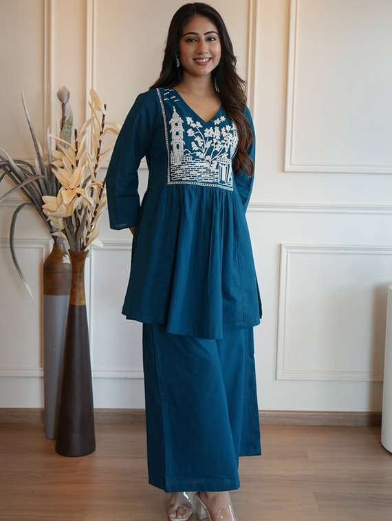 women embroidered kurta and palazzo set