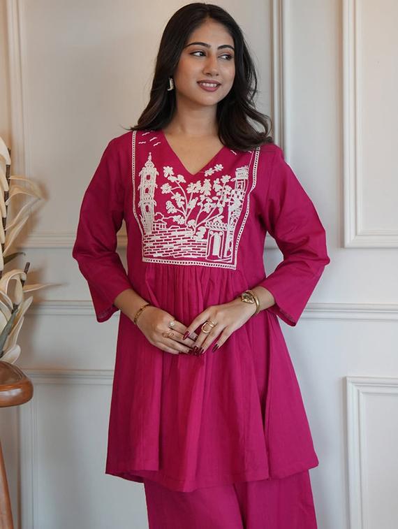 women pink three quarter sleeve ethnic co-ord set - 21980373 - Standard Image - 1