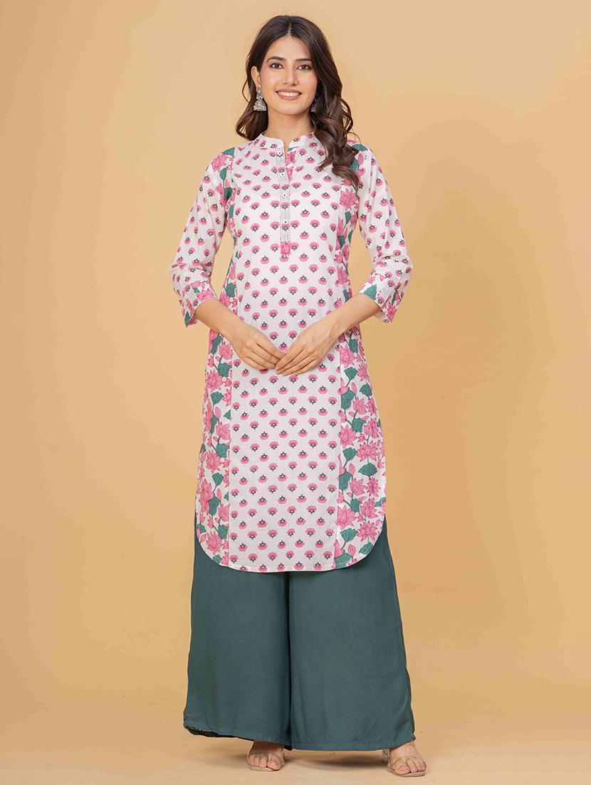 women floral three quarter sleeve straight kurta - 21980379 -  Zoom Image - 0