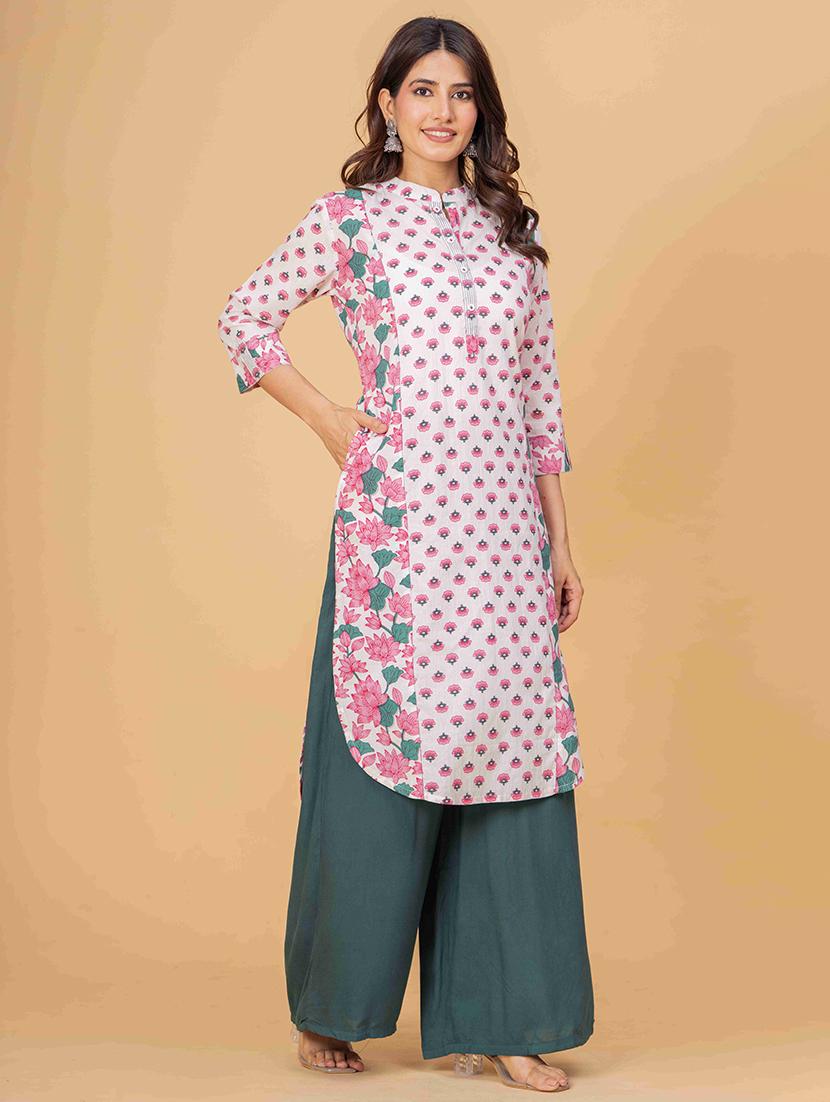 women floral three quarter sleeve straight kurta - 21980379 -  Standard Image - 1