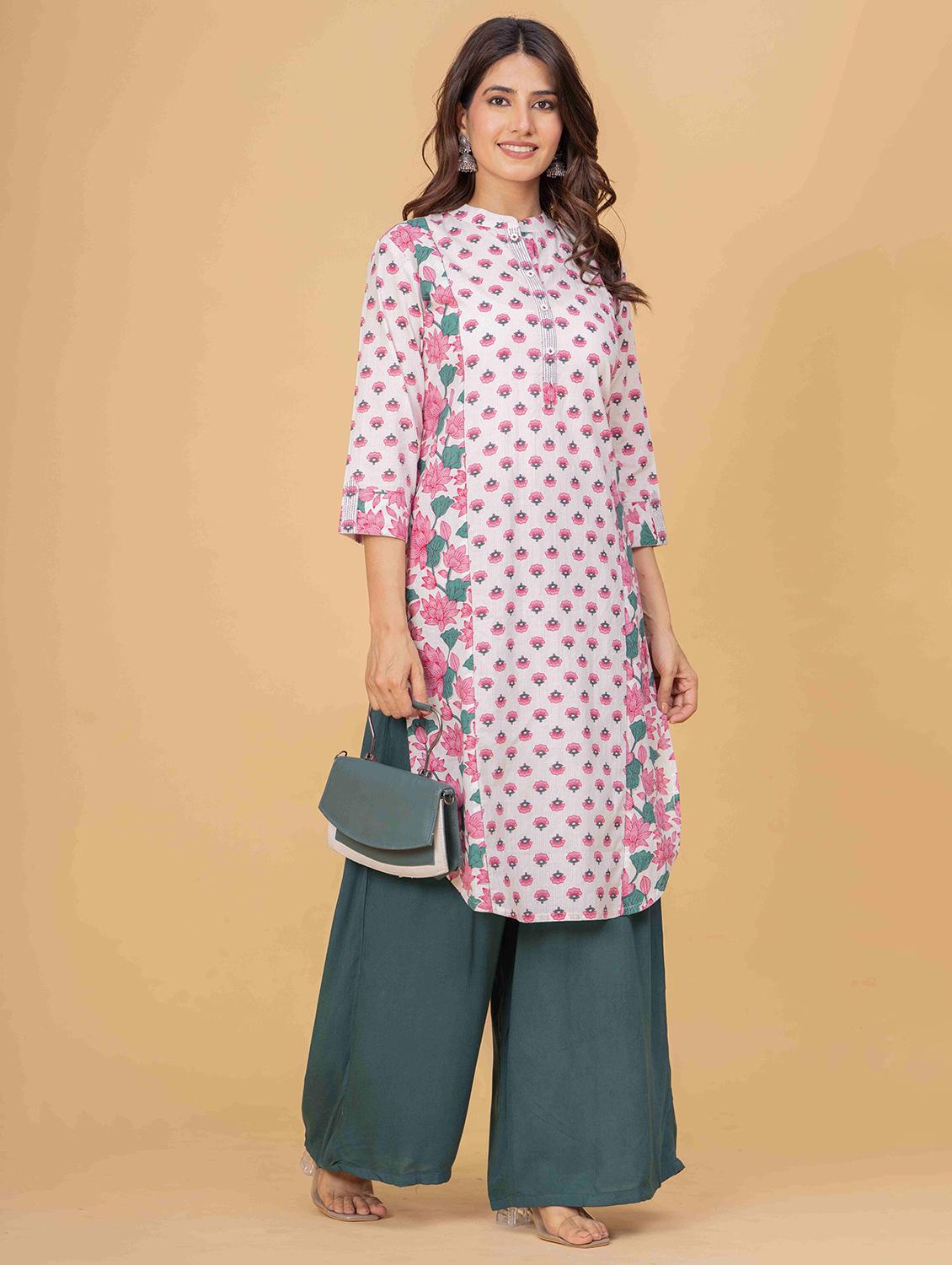 women floral three quarter sleeve straight kurta - 21980379 - Standard Image - 6