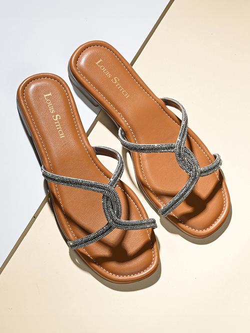 women tan embellished slip on flats - 21980898 -  Standard Image - 0