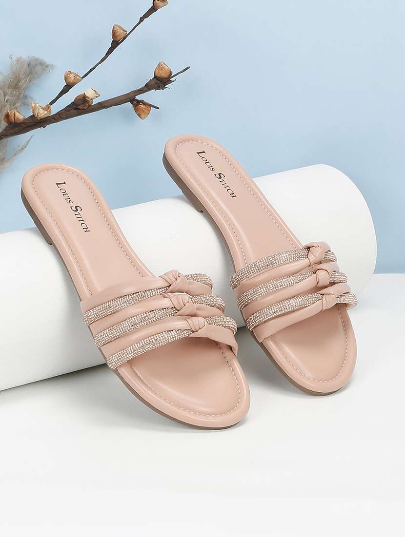 women nude embellished slip on flat