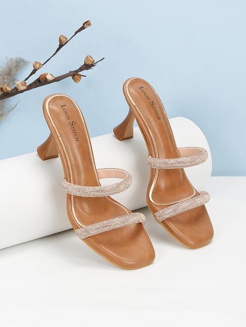 women tan embellished slip on heels - 21980906 - Standard Image - 0