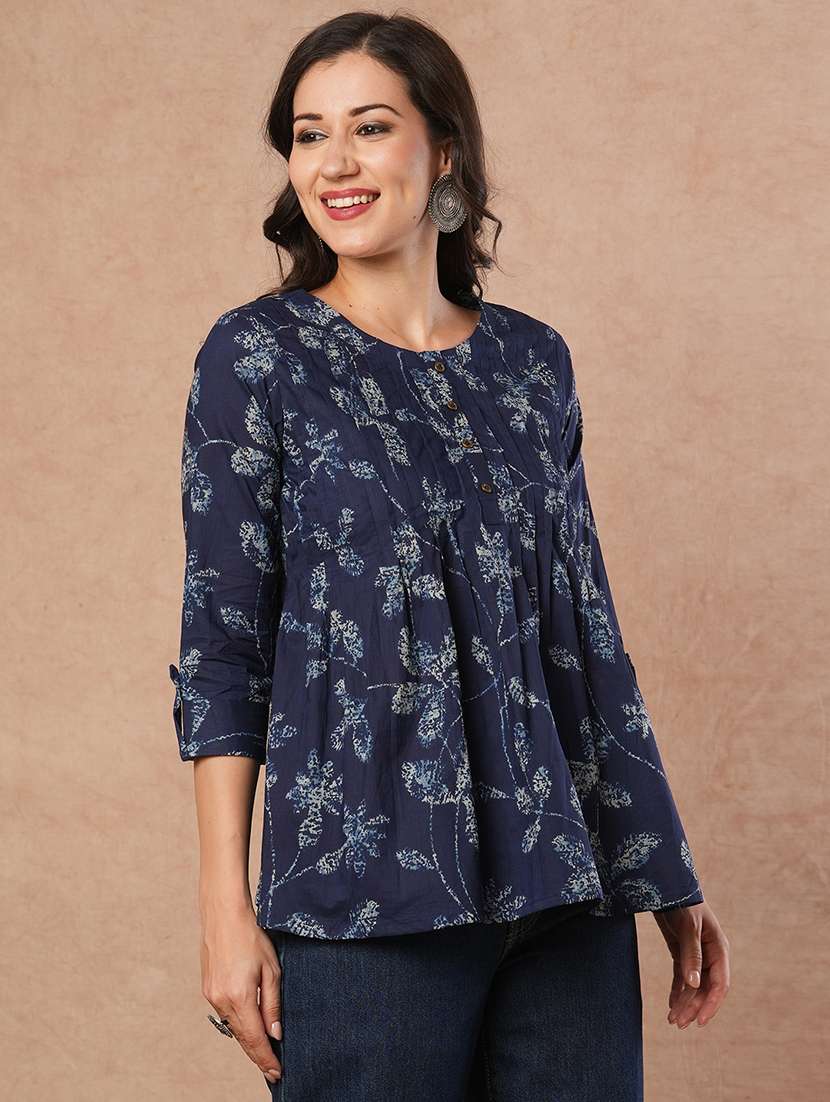 women navy blue printed round neck a-line top - 21980929 -  Standard Image - 1