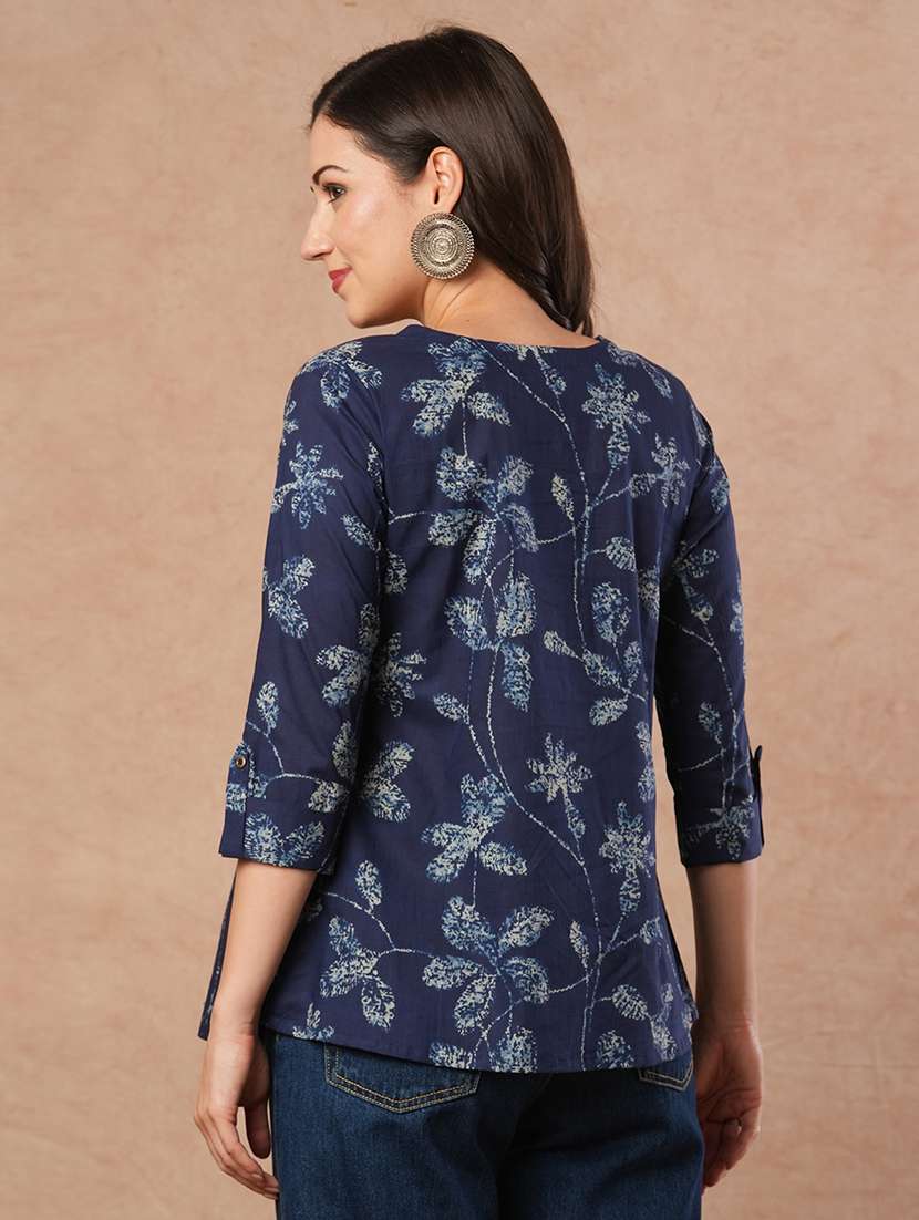 women navy blue printed round neck a-line top - 21980929 -  Standard Image - 4