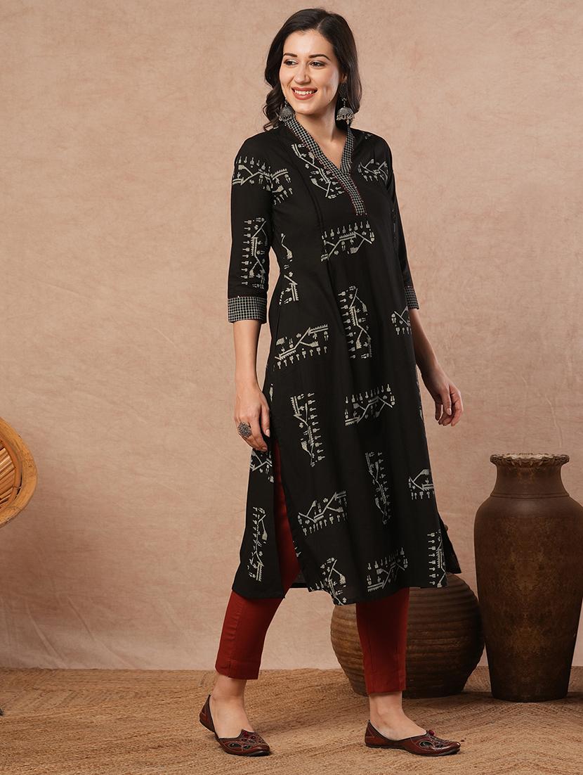 women black printed a-line kurta with pocket - 21980939 - Standard Image - 1