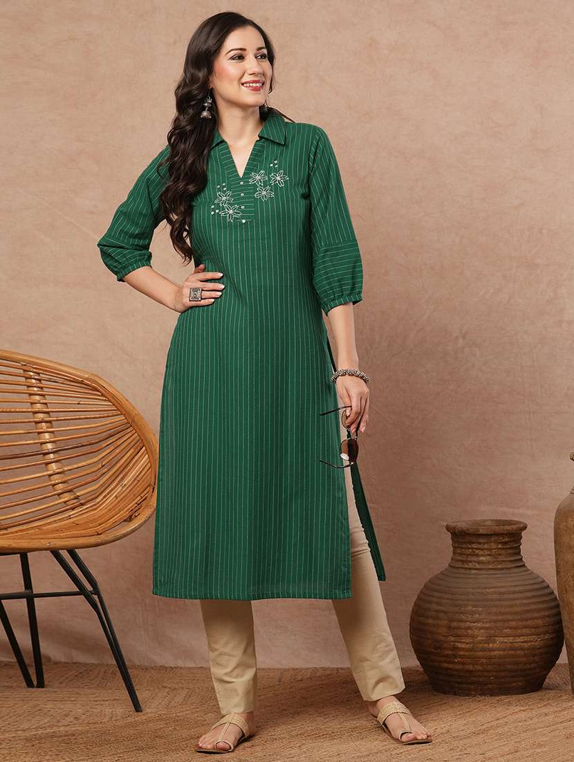 women striped puff sleeve collared kurta - 21980943 -  Standard Image - 1