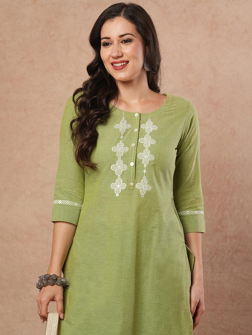 women solid with work three quarter sleeve straight kurta - 21980947 - Standard Image - 1