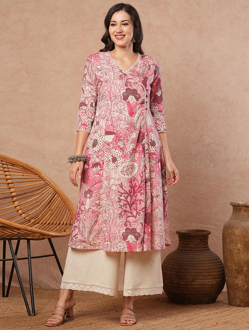 women floral three quarter sleeve angrakha kurta