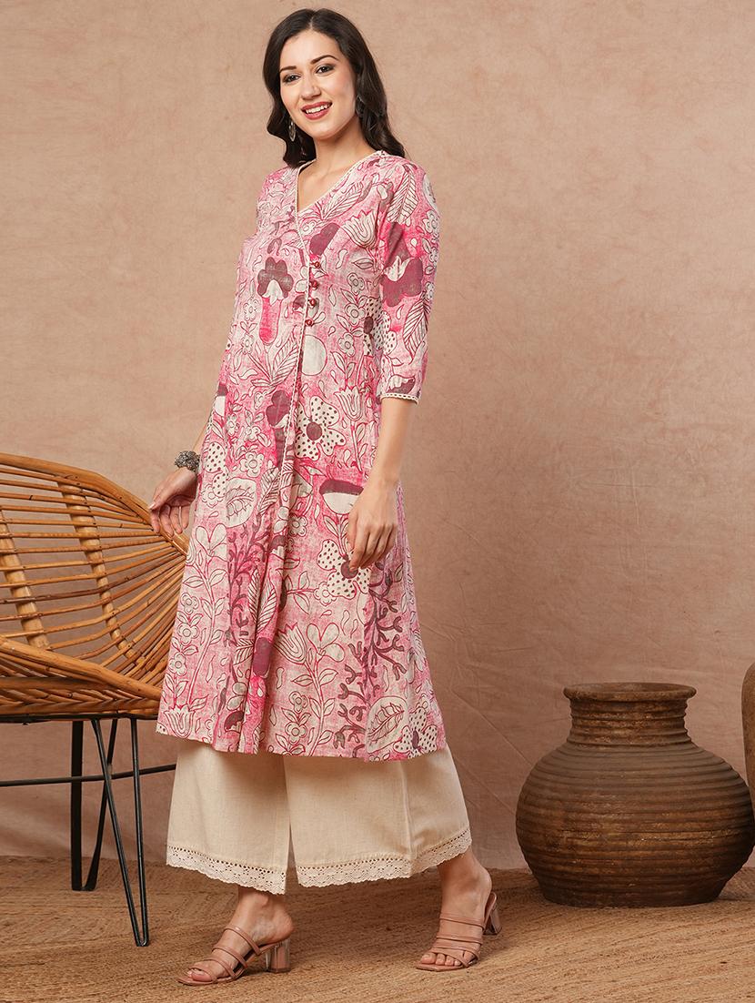 women floral three quarter sleeve angrakha kurta - 21980950 - Standard Image - 1