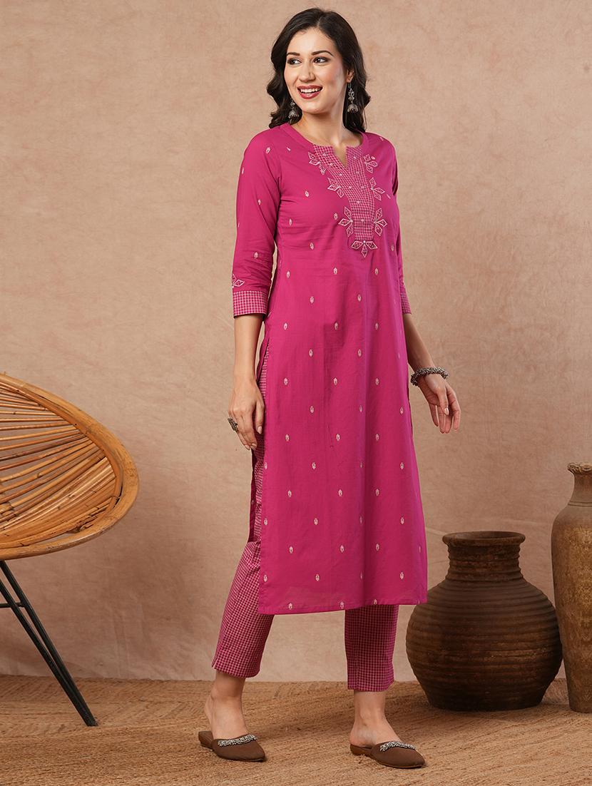 women solid with work three quarter sleeve a-line kurta - 21980951 - Standard Image - 1